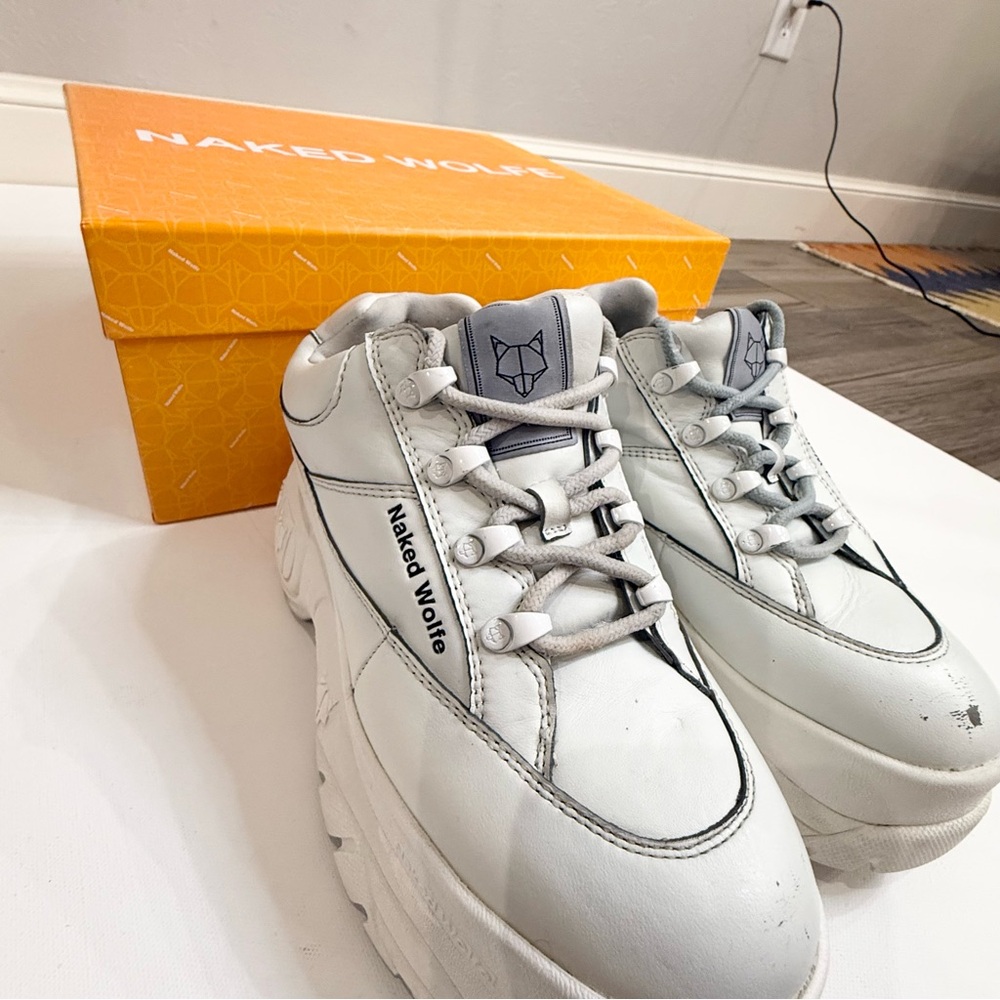 Naked Wolfe 36.5  Sporty White Leather Women's Gray Platform Sneakers in box